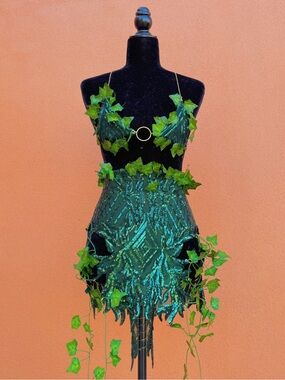 Queens of Ra Poison Ivy green sequin bikini top and skirt festival set